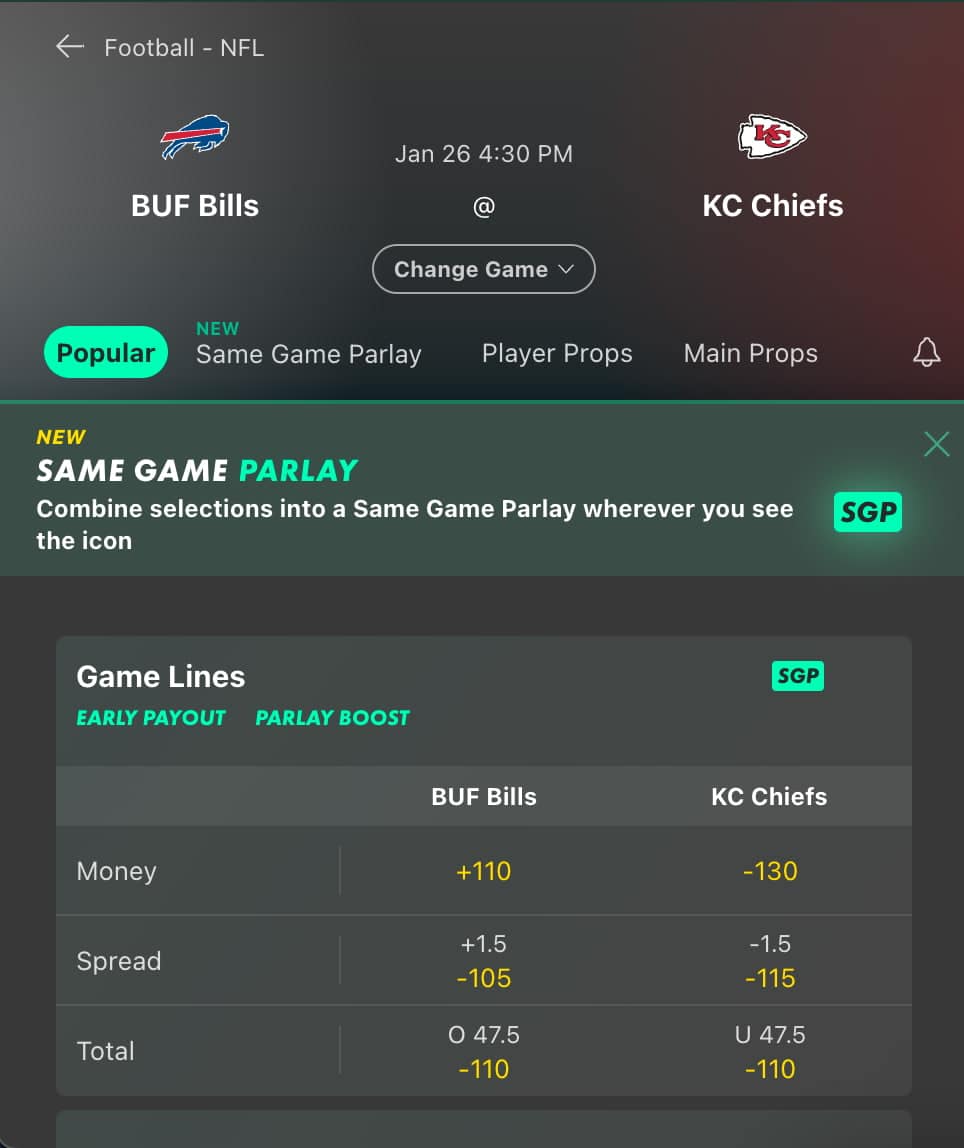 Bet365 line for the Chiefs vs. Bills Sunday night in the AFC Conference Championship.